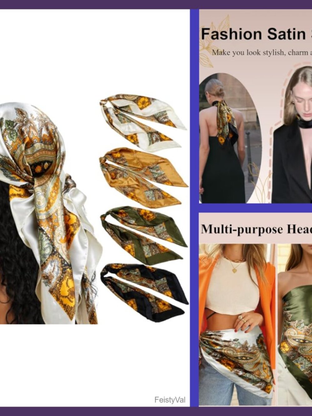 Silk Blend Square Hair Scarves Set of 4 Bandanas 35 Inch